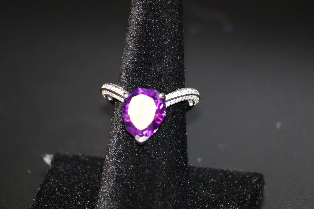 African Amethyst, Moissanite Ring in Rhodium Over Sterling Silver Size 7 6.10 ctw