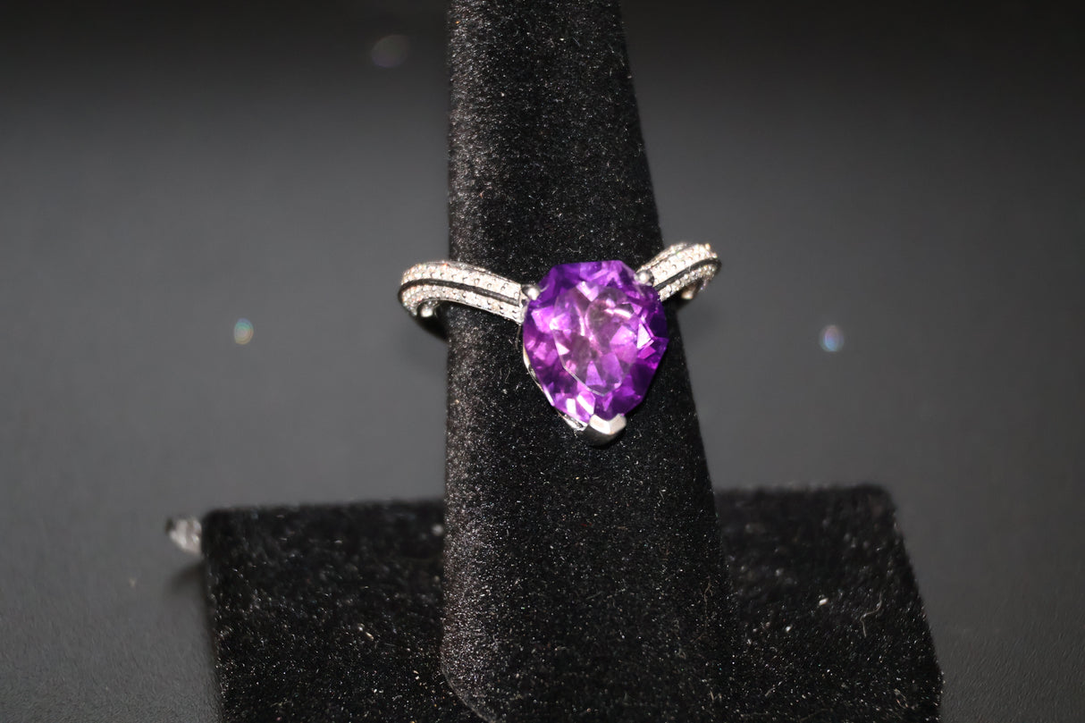 African Amethyst, Moissanite Ring in Rhodium Over Sterling Silver Size 7 6.10 ctw