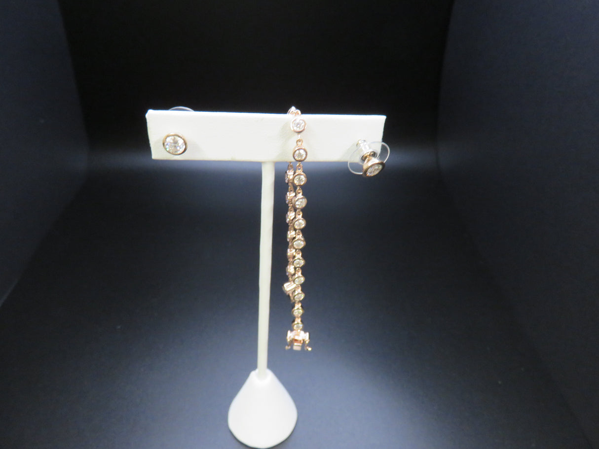 Moissanite Link Bracelet 6.50 inch and Stud Earrings in 18k Vermeil Rose Gold over Sterling Silver 3.15 ctw