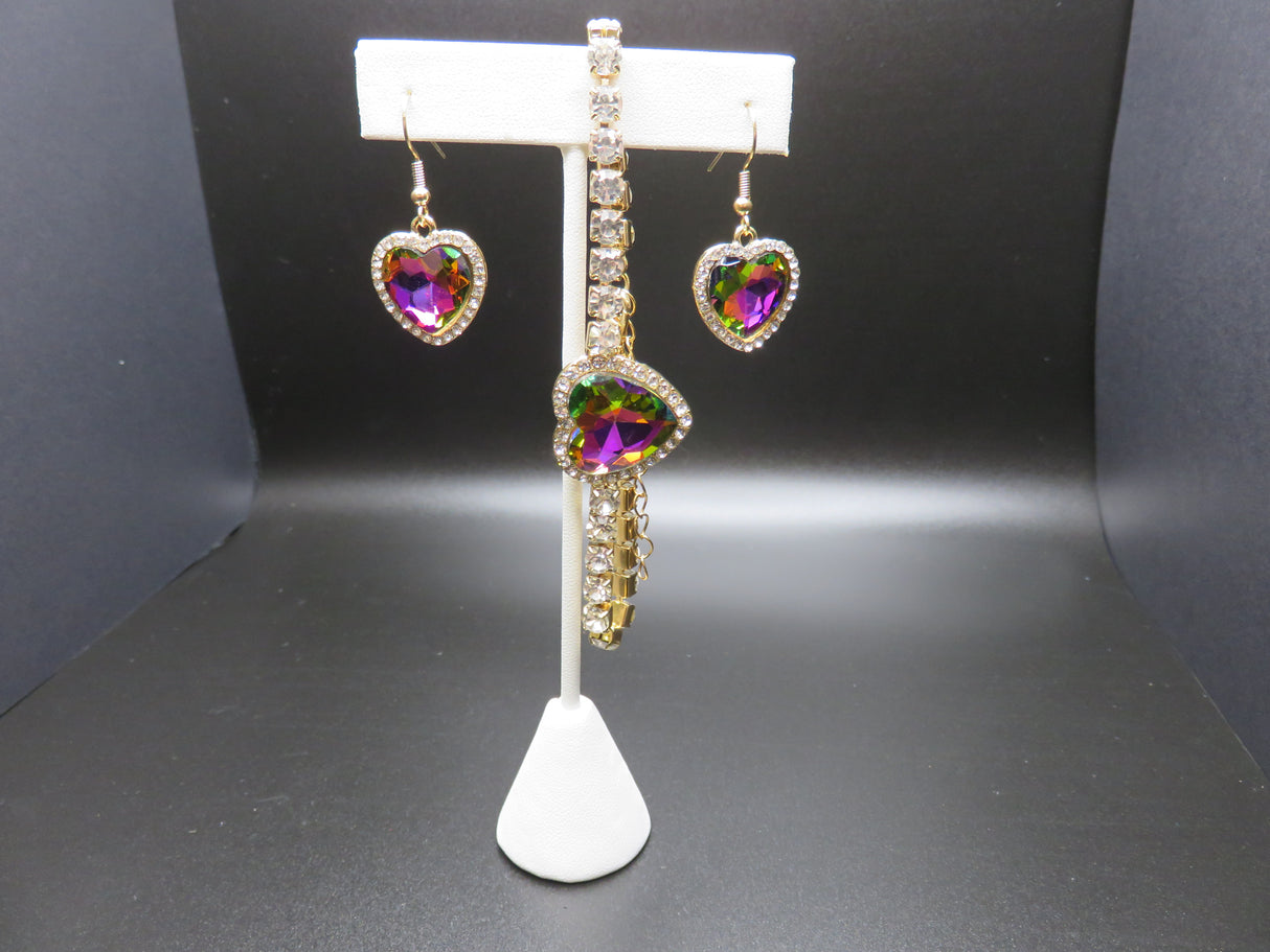 Magic Color Glass, Austrian Crystal Heart Bracelet Set Earrings In Goldtone